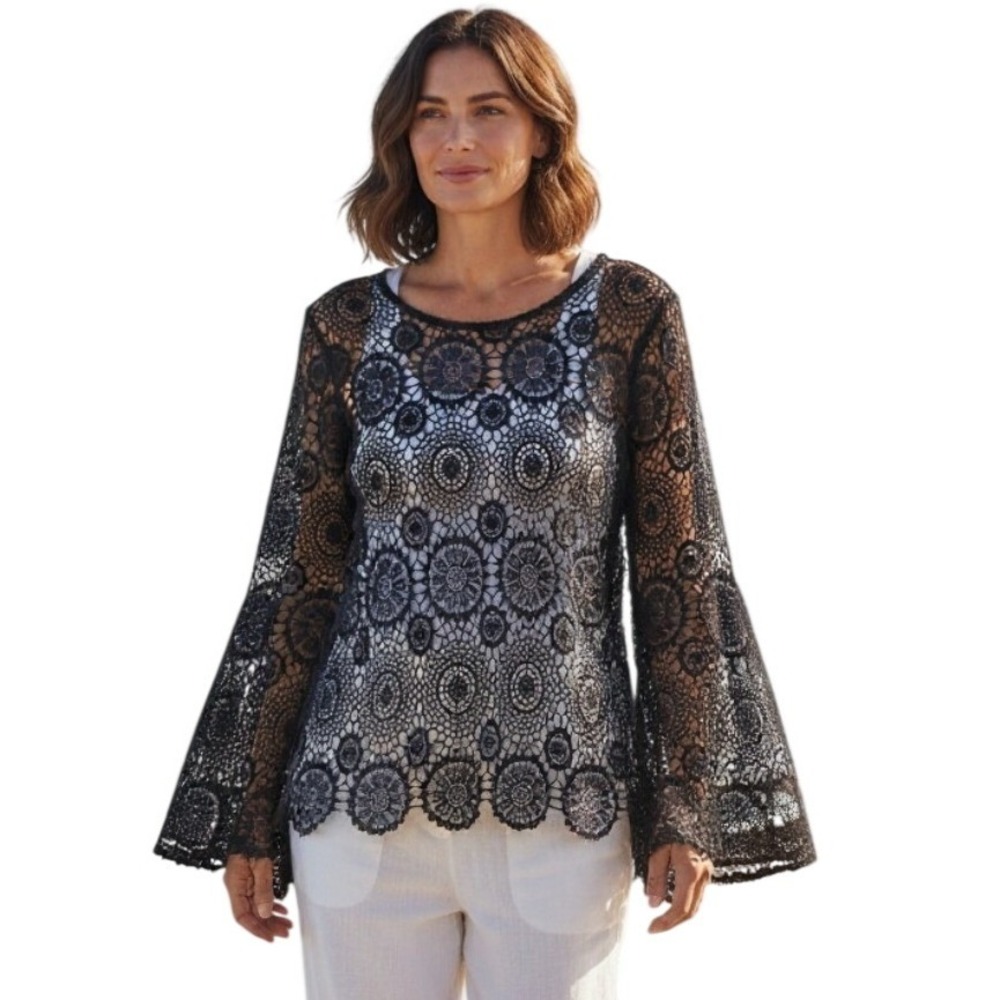 By Together Whimsigoth Open knit  Womens 3X Crochet Boho‎ Bell Sleeve Cover Top